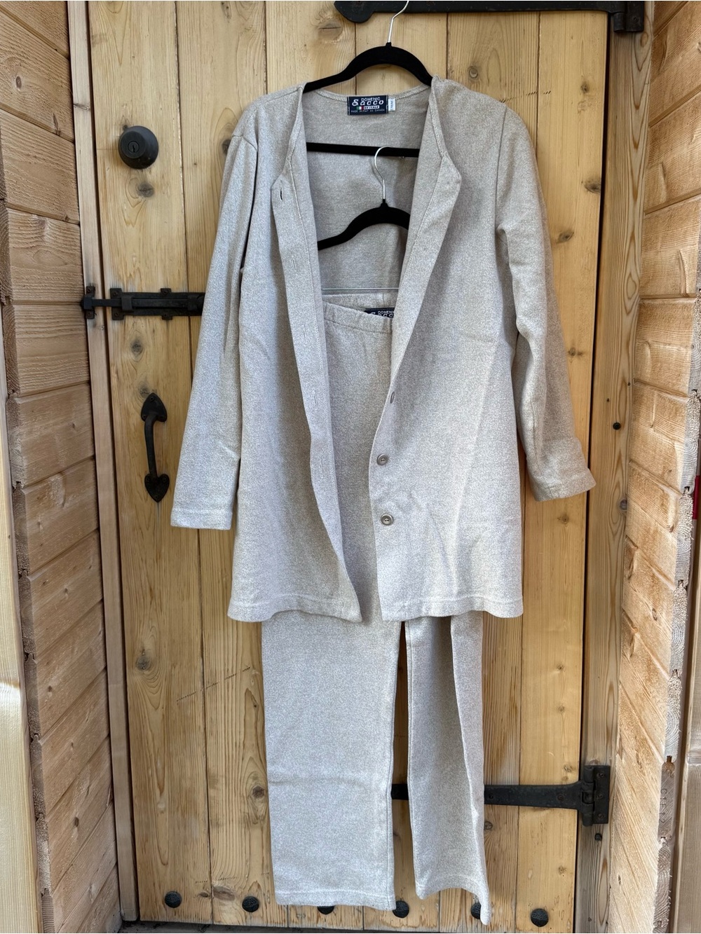 Vintage 90s Sacco of Italy 2 Piece Knit Set Long Cardigan & Wide Leg Pants Beige